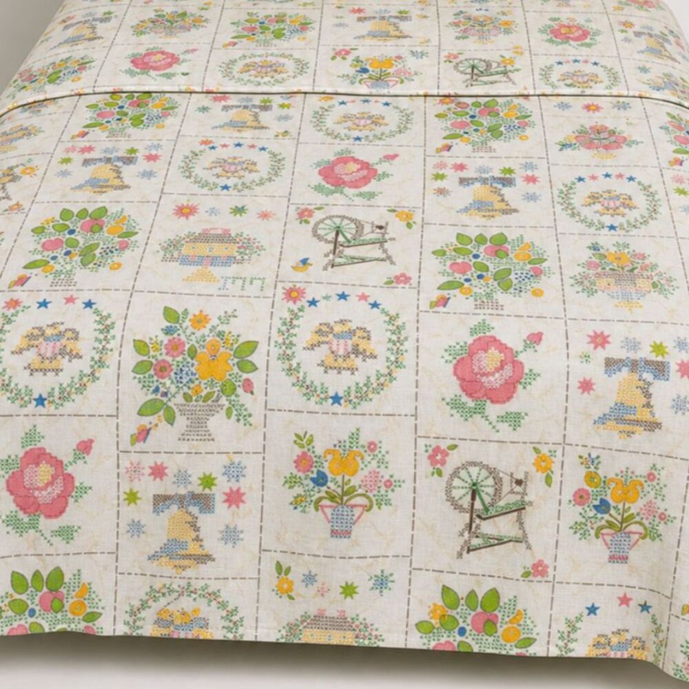 Vintage Utica Tastemaker Faux Cross Stitch Americana Twin Sheet Set Bicentennial